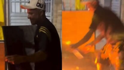 Torcedor queima TV em Maceió após eliminação do Brasil; VÍDEO
